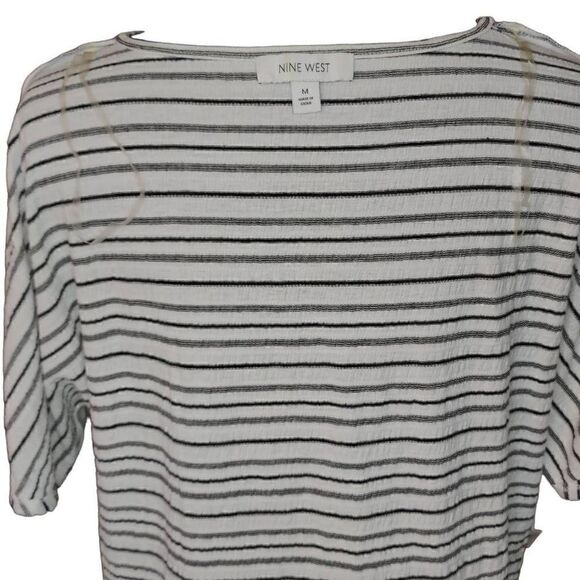 Nine West Women's Striped Bateau Neckline Tie knot Hem Shirt White Medium - Picture 10 of 13